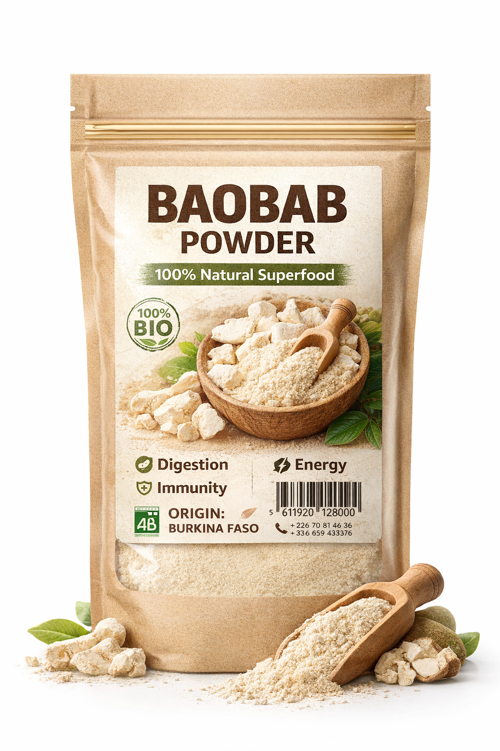 Poudre de Baobab Bio 250g – Fruit du Baobab | Smoothies & Boissons | Côte d'Ivoire