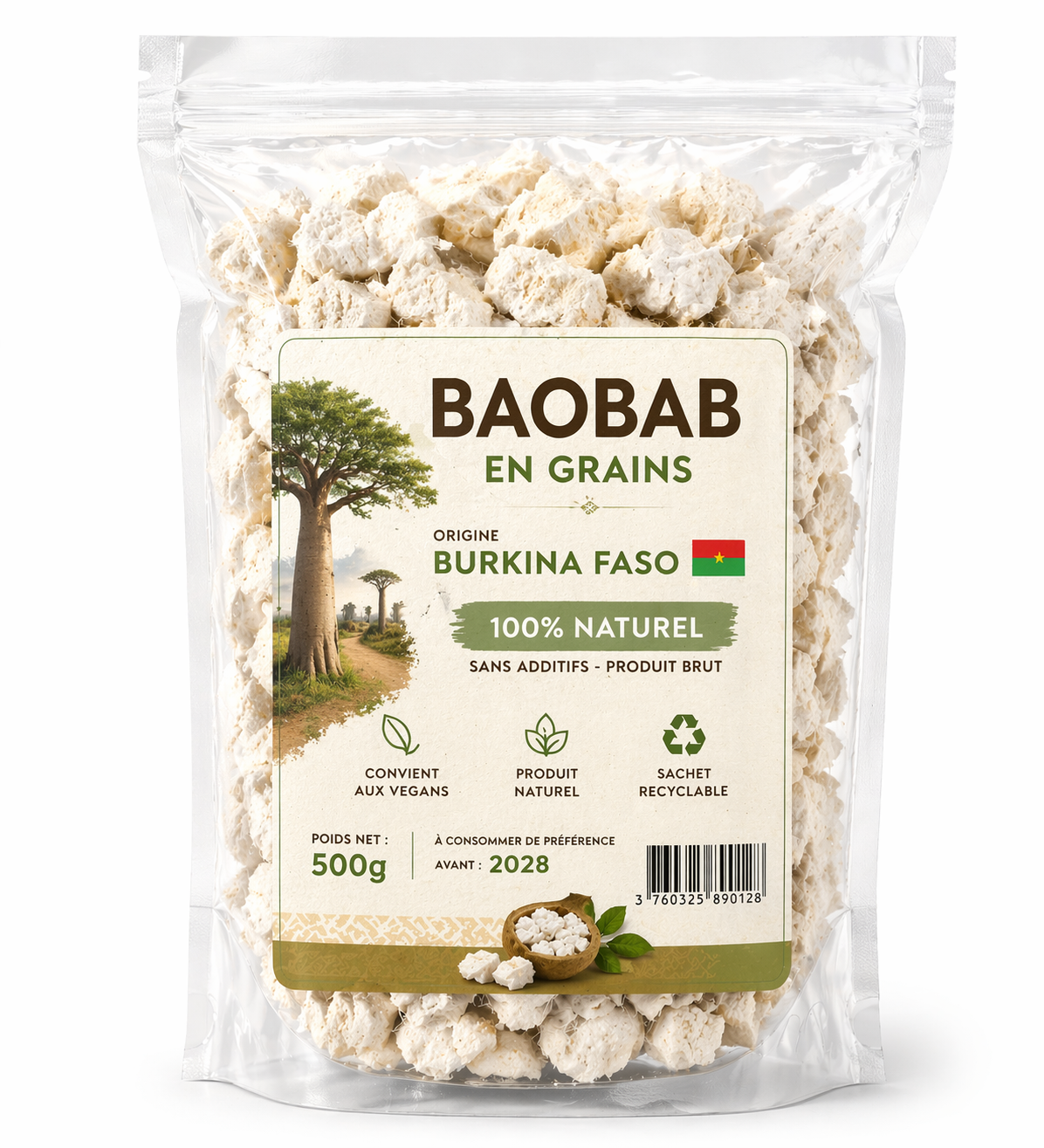 Pulpes de Baobab en Grains 500g – Morceaux Naturels du Burkina Faso – Superfood Riche en Fires & Vitamine C – 100% Fruit Brut