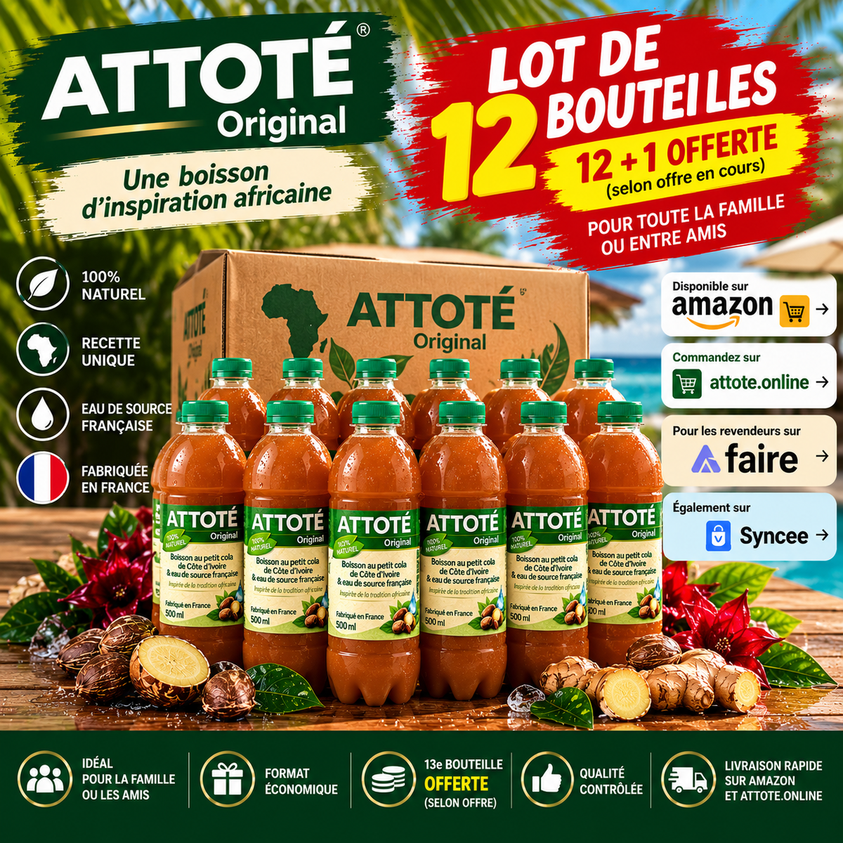 ATTOTÉ Original – Lot 12 + 1 Offerte | 13 Bouteilles 500 ml | Boisson Africaine Sans Sucre