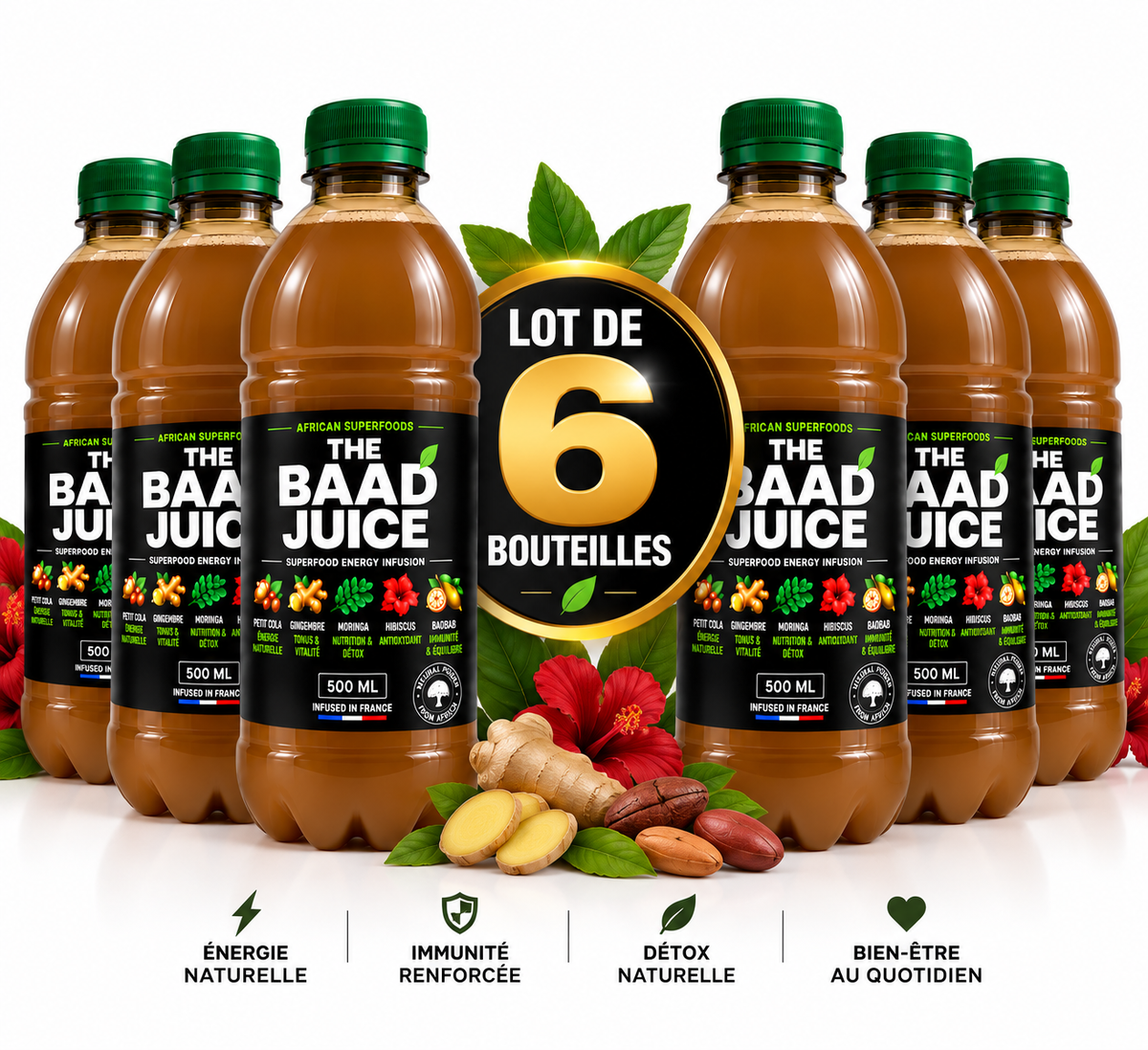 THE BAAD JUICE – Lot de 6 x 500ml | 5 Plantes Africaines | Sans Sucre