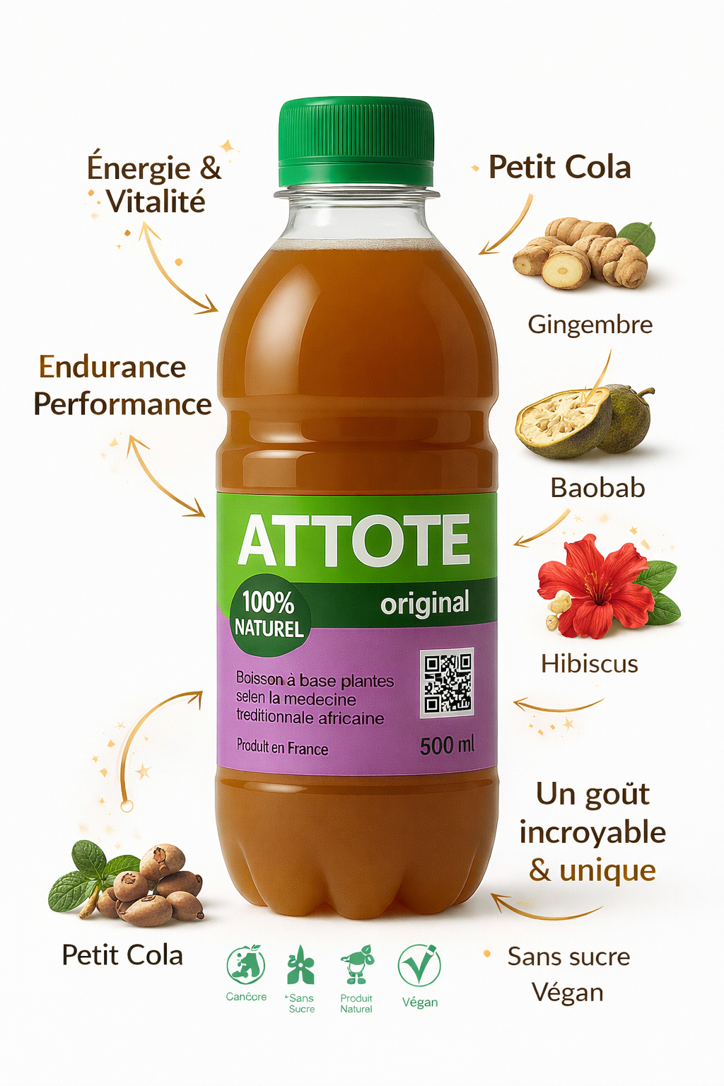ATTOTÉ Original 500ml – Boisson Fonctionnelle Bio | Petit Cola Bitter Kola Gingembre | Vegan | France