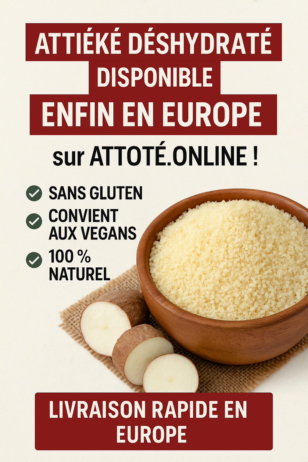 Attiéké Déshydraté de Côte d'Ivoire - 1kg | Couscous vegetarien)  sans Gluten | Produit Bio | Qualité Premium | Convient aux Vegans