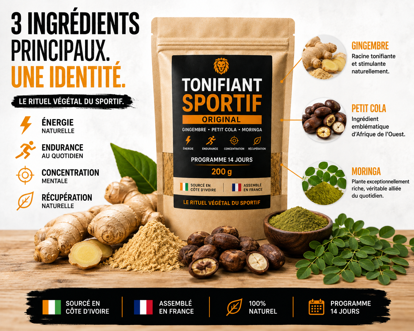 Tonifiant Sportif 200 g, mélange végétal gingembre petit cola moringa
