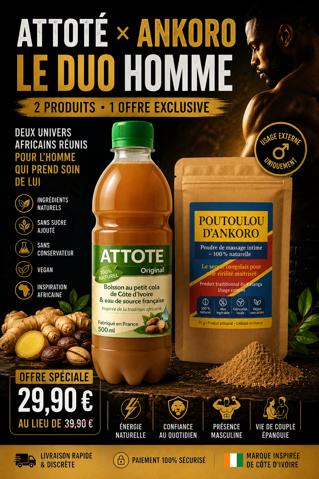 Composition du Duo Homme : bouteille ATTOTÉ Original et sachet Poutoulou d'Ankoro