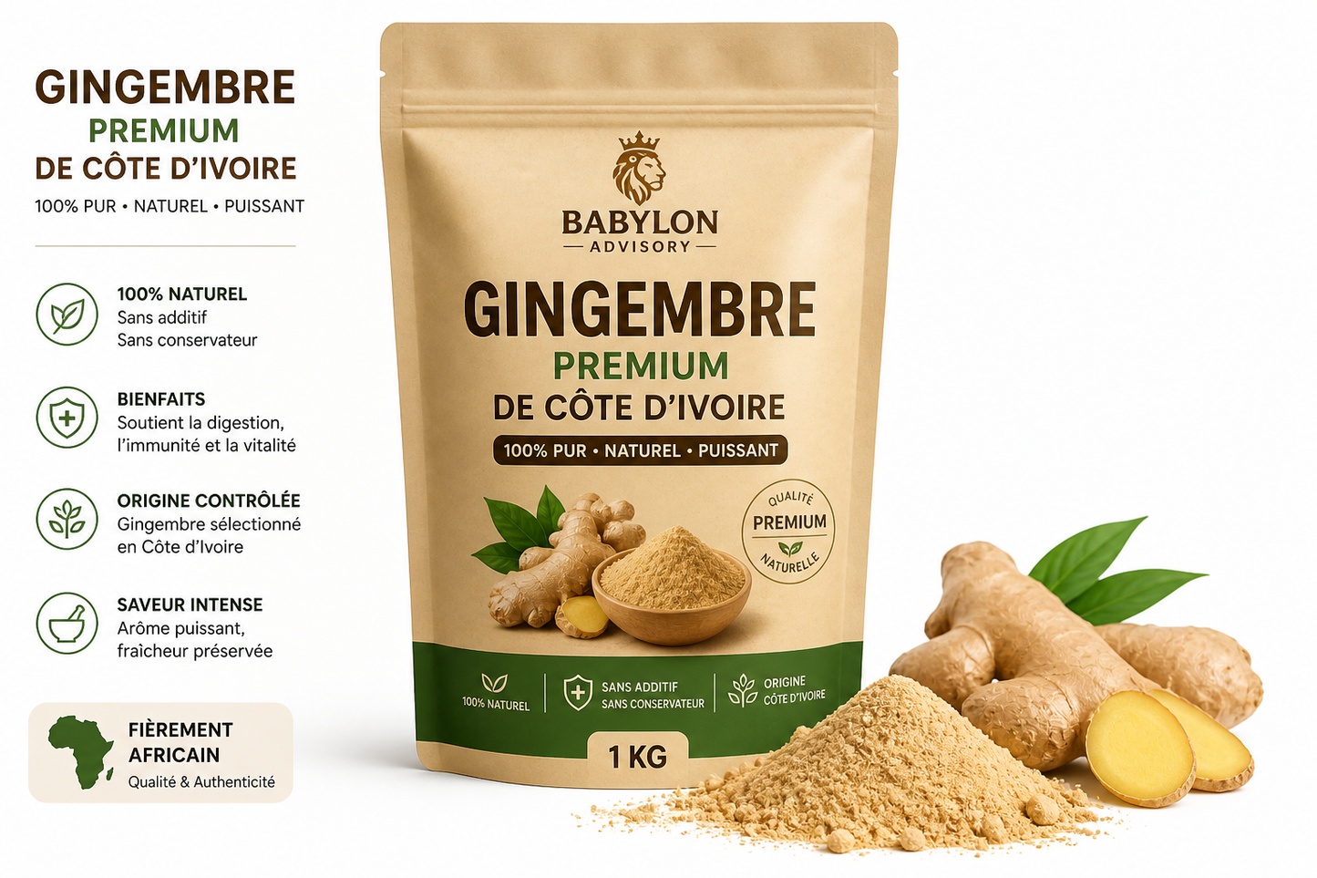 Gingembre pur en poudre Premium de Côte d’Ivoire – 1 kg |  Puissance naturelle & qualité pure