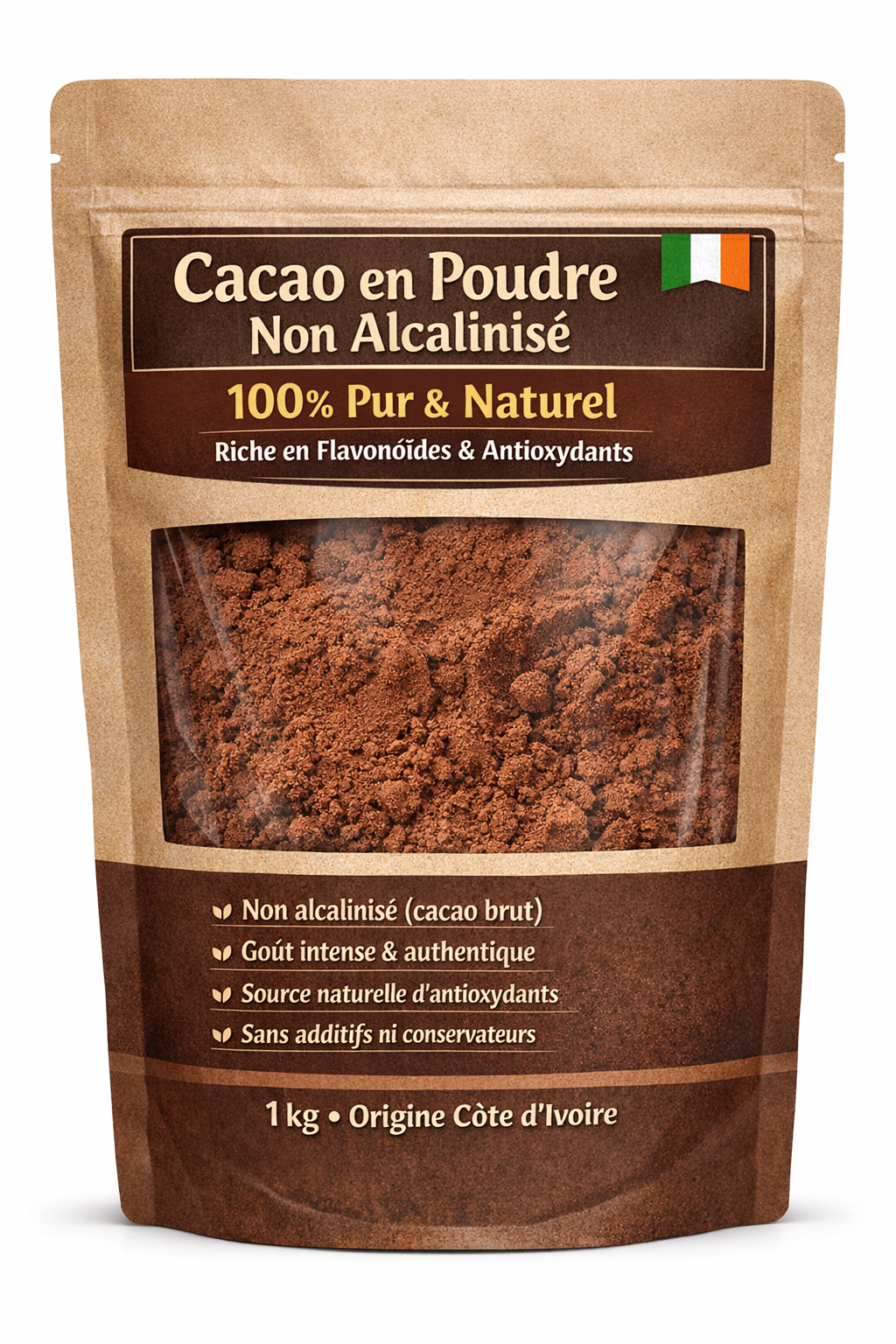 Cacao en Poudre Non Alcalinisé 1kg – Riche en Flavonoïdes & Antioxydants – 100% Pur – Origine Côte d’Ivoire