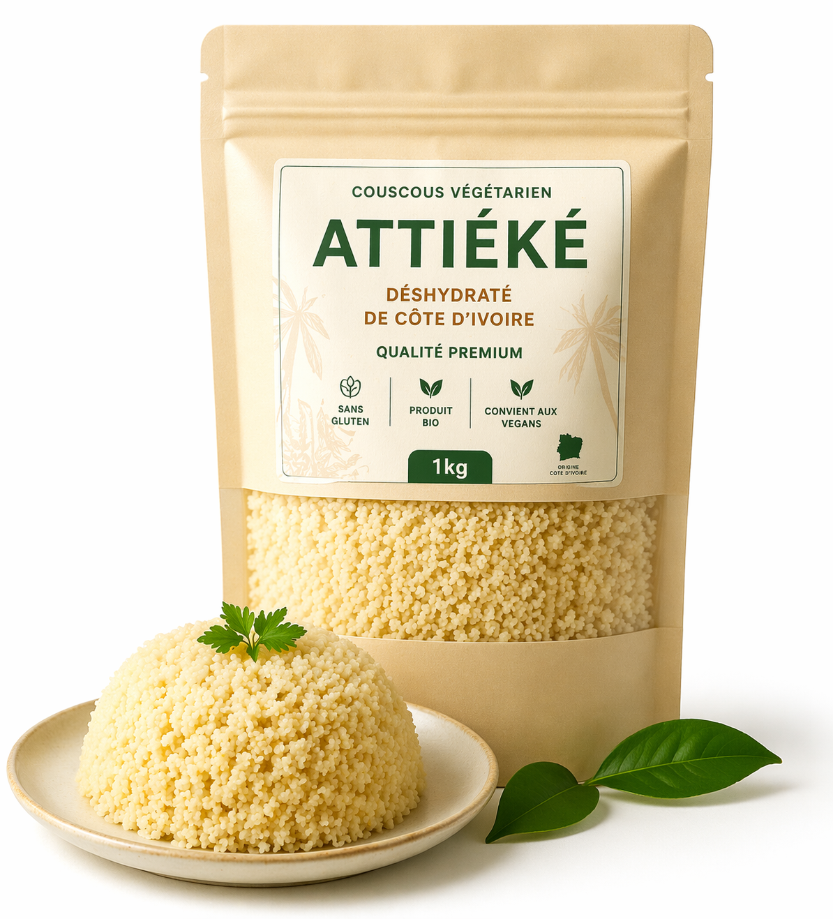 Attiéké Déshydraté de Côte d'Ivoire - 1kg | Couscous vegetarien)  sans Gluten | Produit Bio | Qualité Premium | Convient aux Vegans
