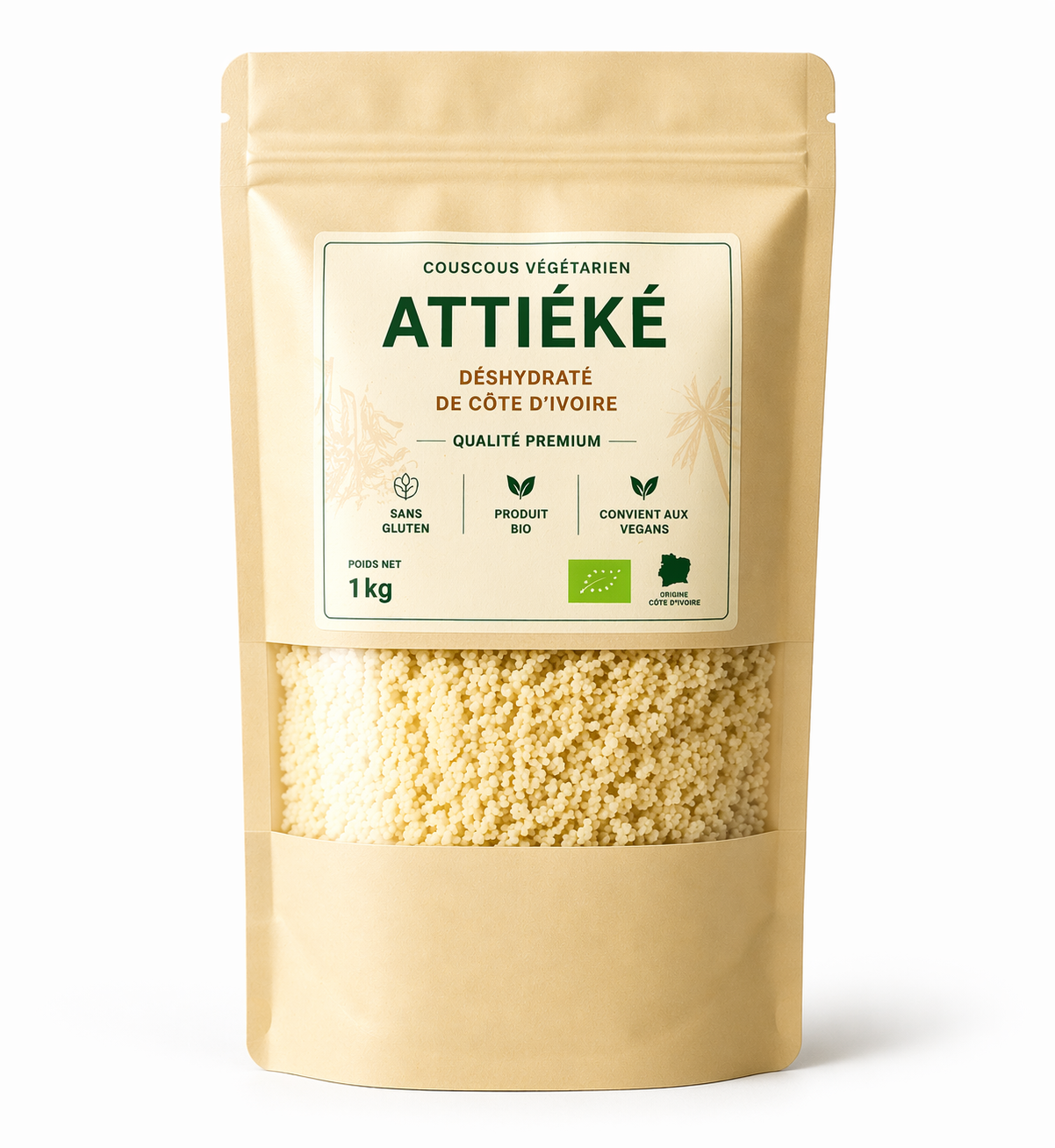 Attiéké Déshydraté de Côte d'Ivoire - 1kg | Couscous vegetarien)  sans Gluten | Produit Bio | Qualité Premium | Convient aux Vegans
